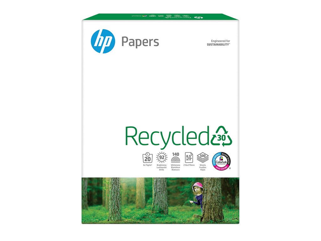 HP Office Recycled Paper. 8.5 x 11. 20 lb. 92 Bright. White. 10-Ream Carton (5.000 Sheets)