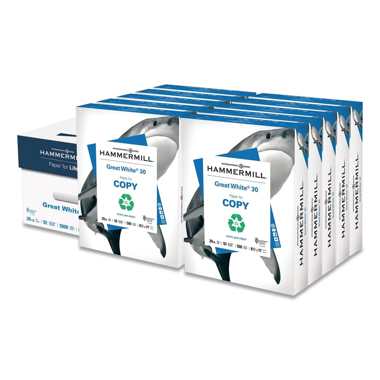 Hammermill Printer Paper. 20 lb Great White 30% Recycled. 8.5 x 11. 5000 Sheets Total (500 per Pack)
