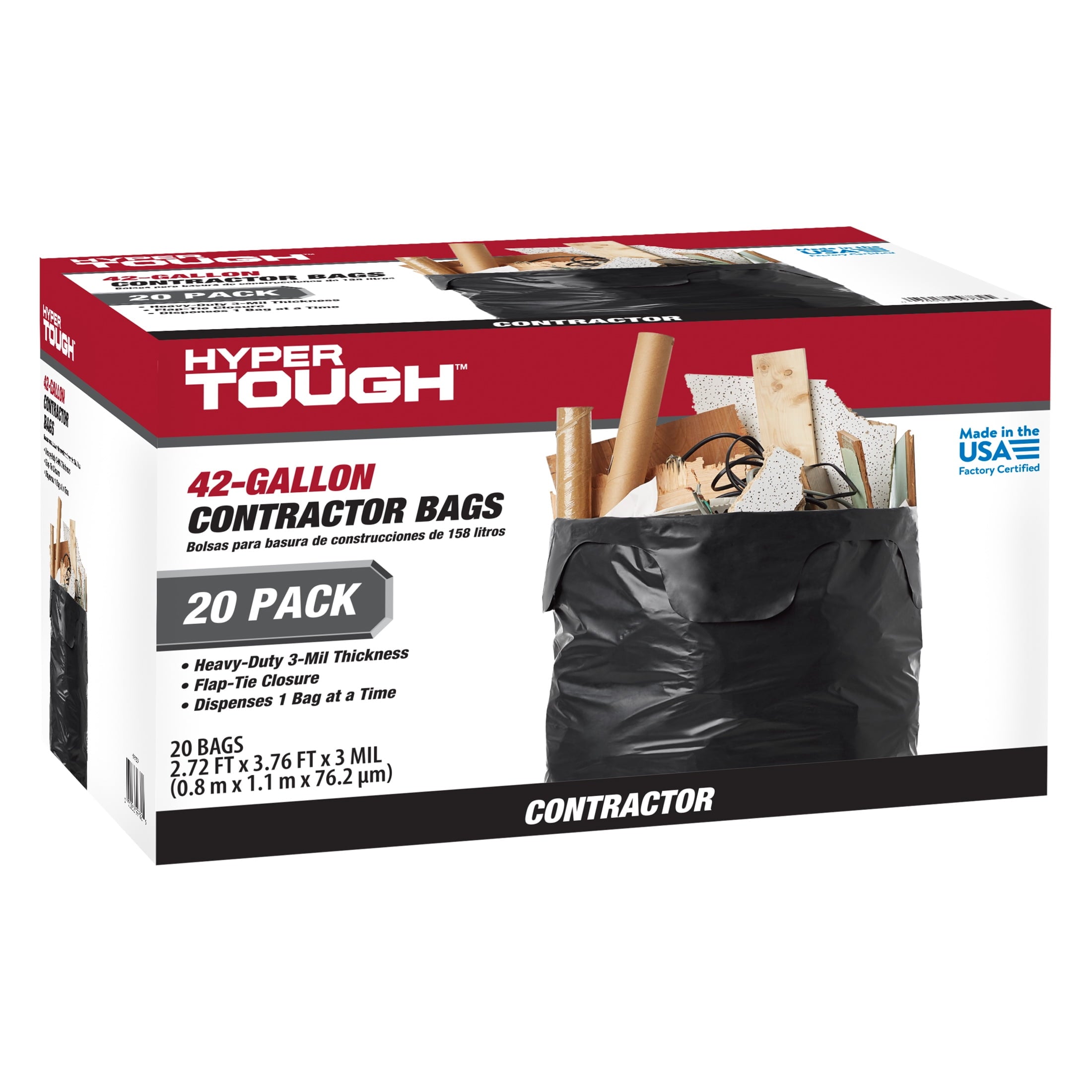 Hyper Tough 42-Gallon Flap Tie Contractor Bags. 3 MIL. 20 Bags