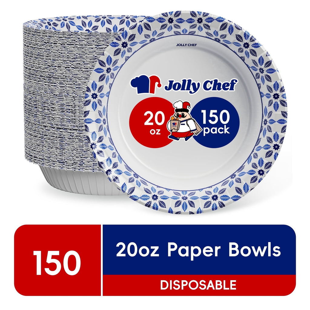 JOLLY CHEF Disposable Paper Bowls. Strong. Soak-Proof. Microwave Safe. 20 oz. Patterned. 150 Count