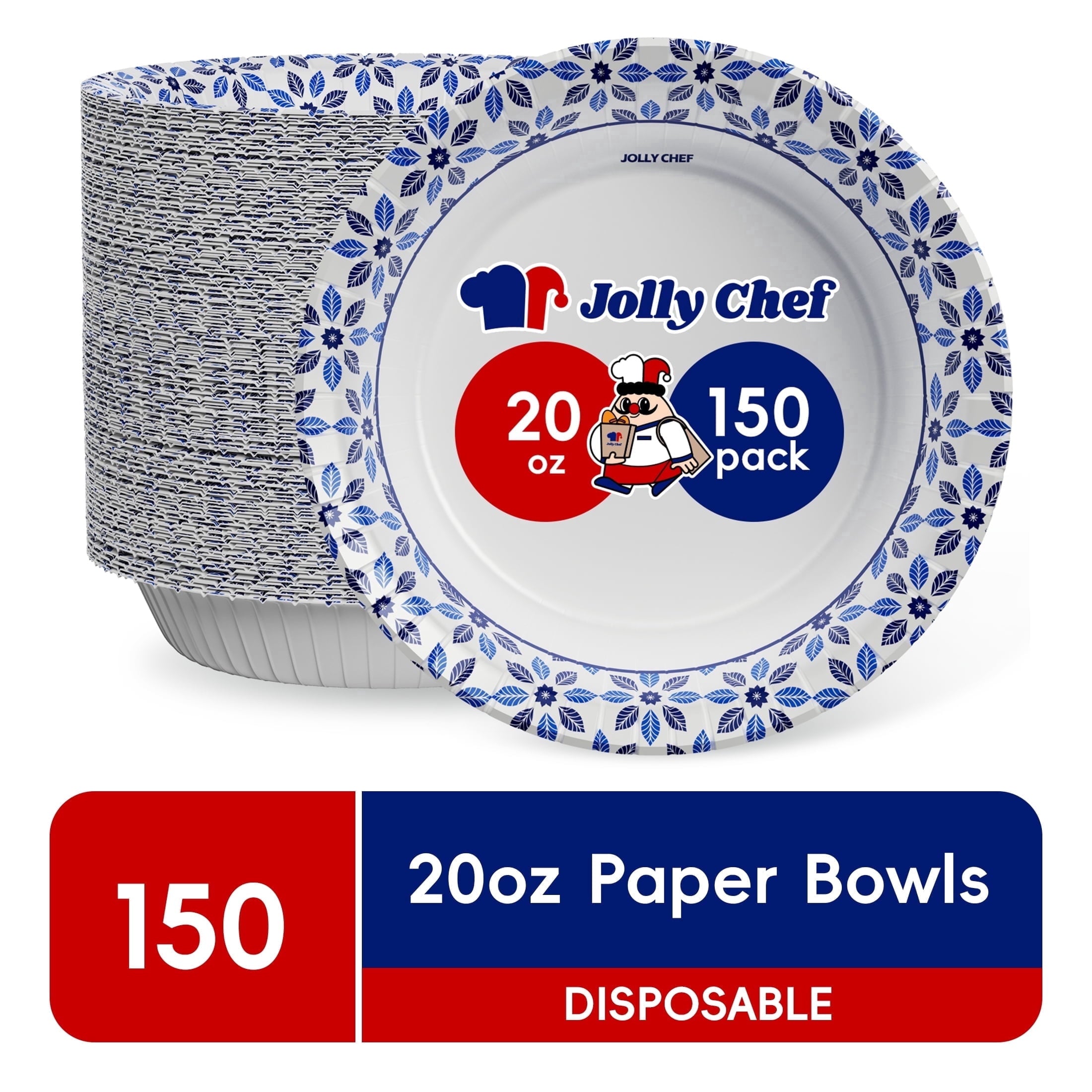 JOLLY CHEF Disposable Paper Bowls. Strong. Soak-Proof. Microwave Safe. 20 oz. Patterned. 150 Count