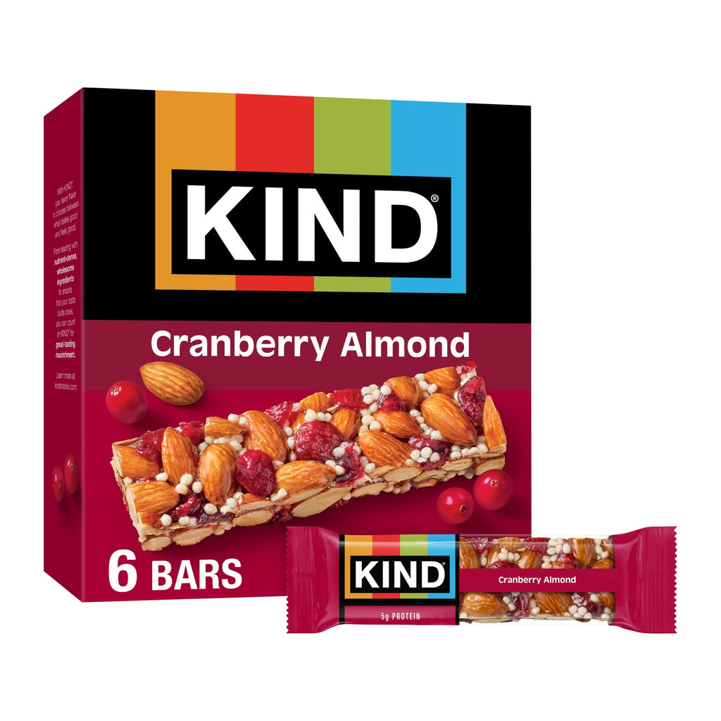 KIND Gluten Free Cranberry Almond Snack Bars. 1.4 oz. 6 Count. Cardboard Box
