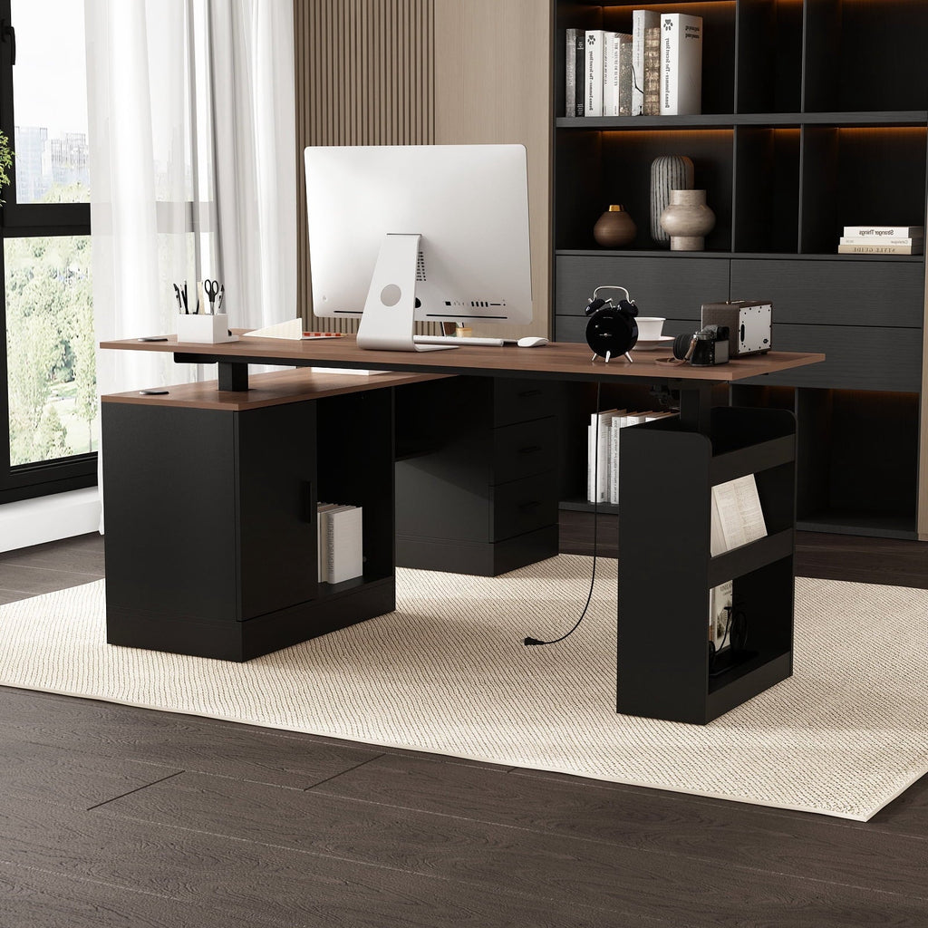 KULAGAGA Electric Standing Desk with Drawers and Shelves. Executive Adjustable Height Desk. L-Shaped Design. 63 inch Tabletop. for Office Deep Brown & Black