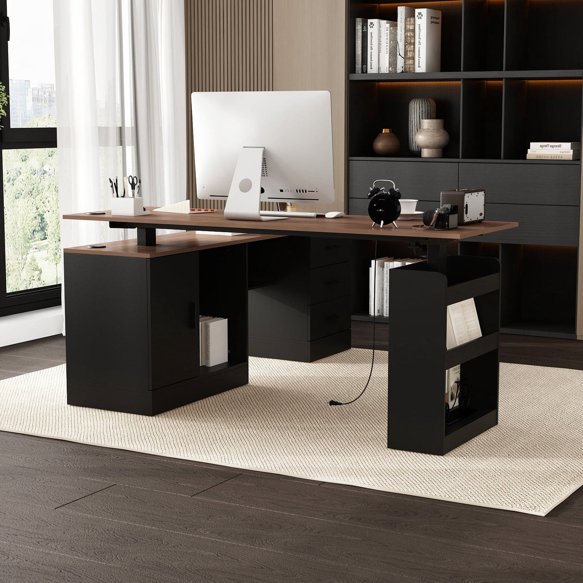 KULAGAGA Electric Standing Desk with Drawers and Shelves. Executive Adjustable Height Desk. L-Shaped Design. 63 inch Tabletop. for Office Deep Brown & Black