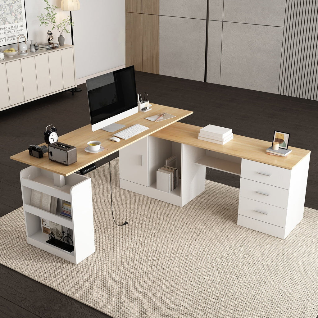 KULAGAGA Electric Standing Desk with Drawers and Shelves. Executive Adjustable Height Desk. L-Shaped Design. 63 inch Tabletop. for Office Deep Oak & White