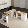 KULAGAGA Electric Standing Desk with Drawers and Shelves. Executive Adjustable Height Desk. L-Shaped Design. 63 inch Tabletop. for Office Deep Oak & White
