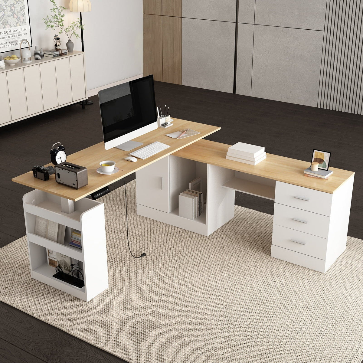 KULAGAGA Electric Standing Desk with Drawers and Shelves. Executive Adjustable Height Desk. L-Shaped Design. 63 inch Tabletop. for Office Deep Oak & White