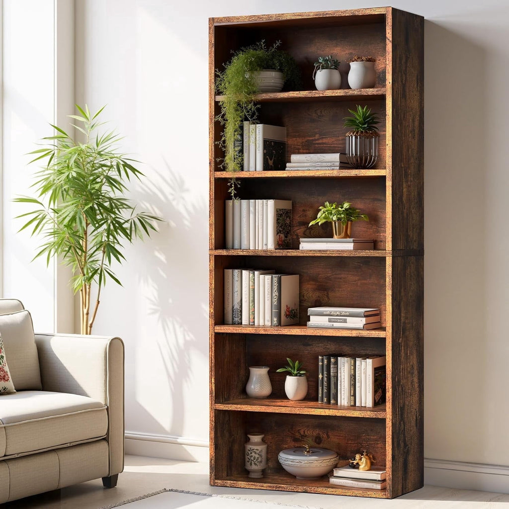 Large Bookcase. 5-Tier 63 Inch Tall Industrial Storage Wall Shelf. Display Shelf for Living room. Bedroom. Retro Brown