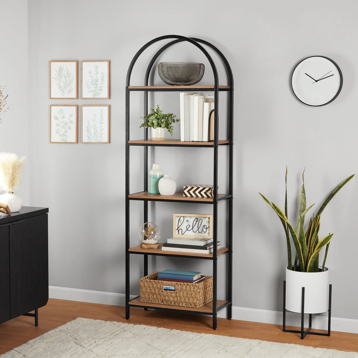 Mainstays 5-Shelf Metal and Wood Arch Open Bookcase. Warm Walnut