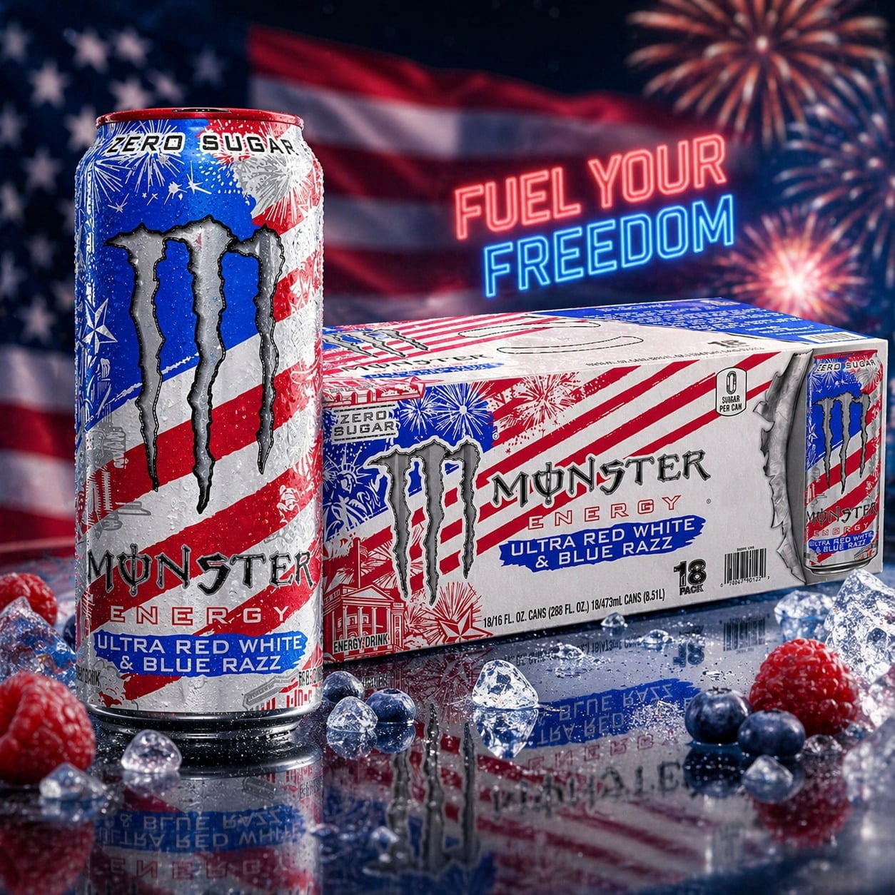 Monster Energy Ultra Sugar Free. Red White & Blue Razz. 16 fl oz. 18 Pack