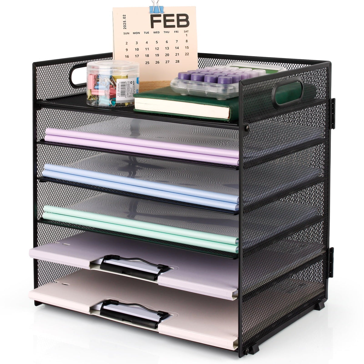 PHANCIR 6-Tier Mesh Desk Paper Organizer Tray with Handle. Black
