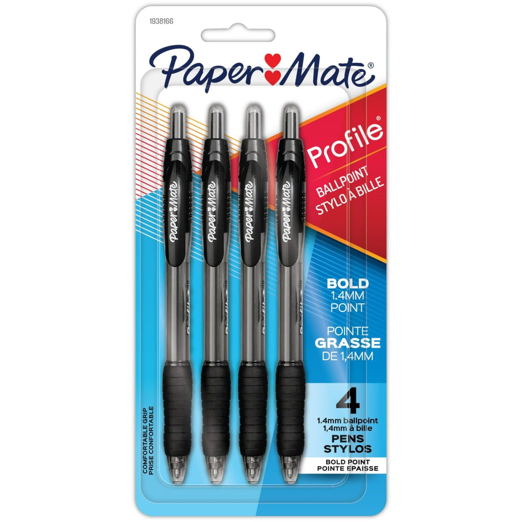 Paper Mate Profile Retractable Ballpoint Pens. 1.4 mm Bold Point. Black. 4 Count