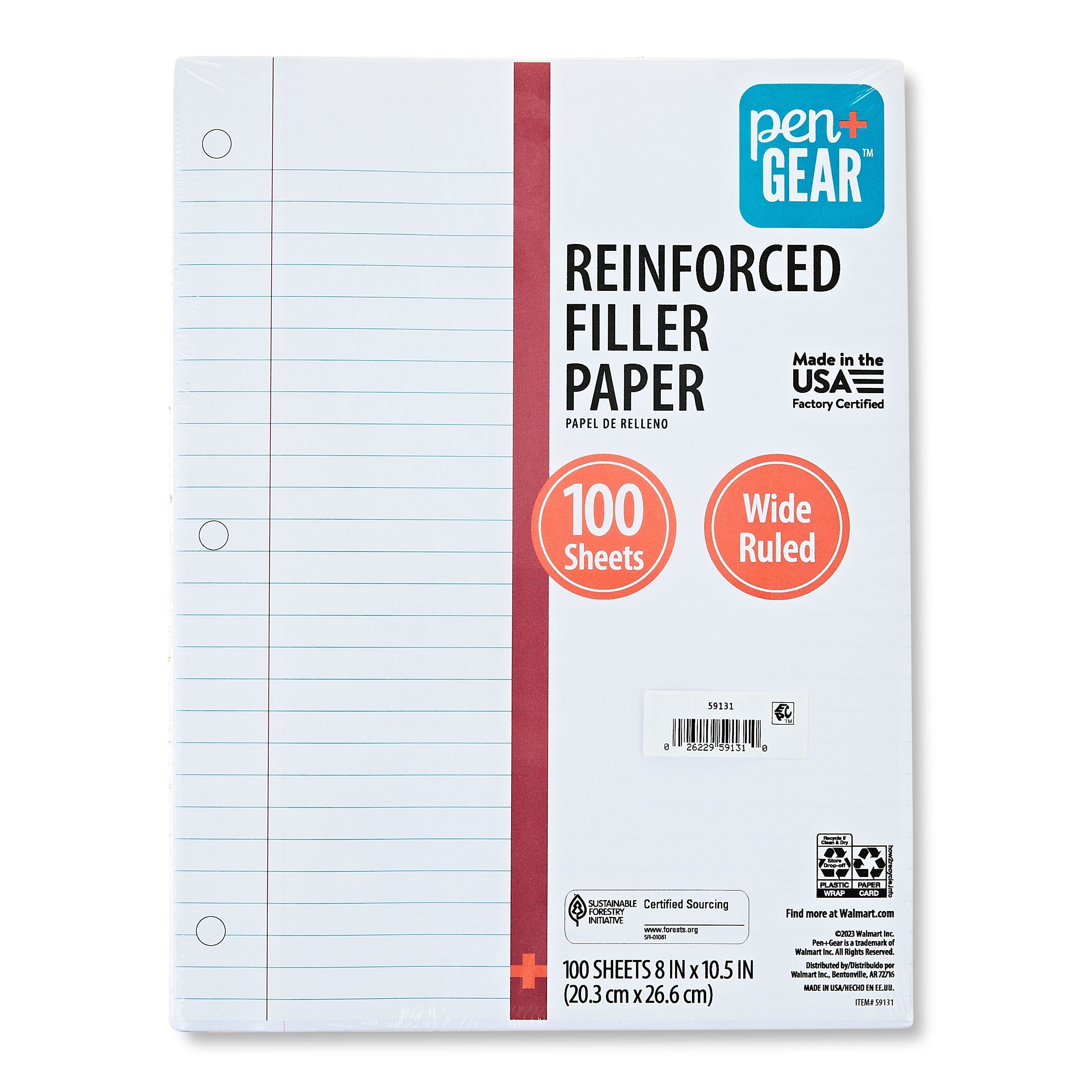 Pen+Gear Wide Ruled Reinforced Filler Paper. 8 x 10.5 in. 100 Sheets