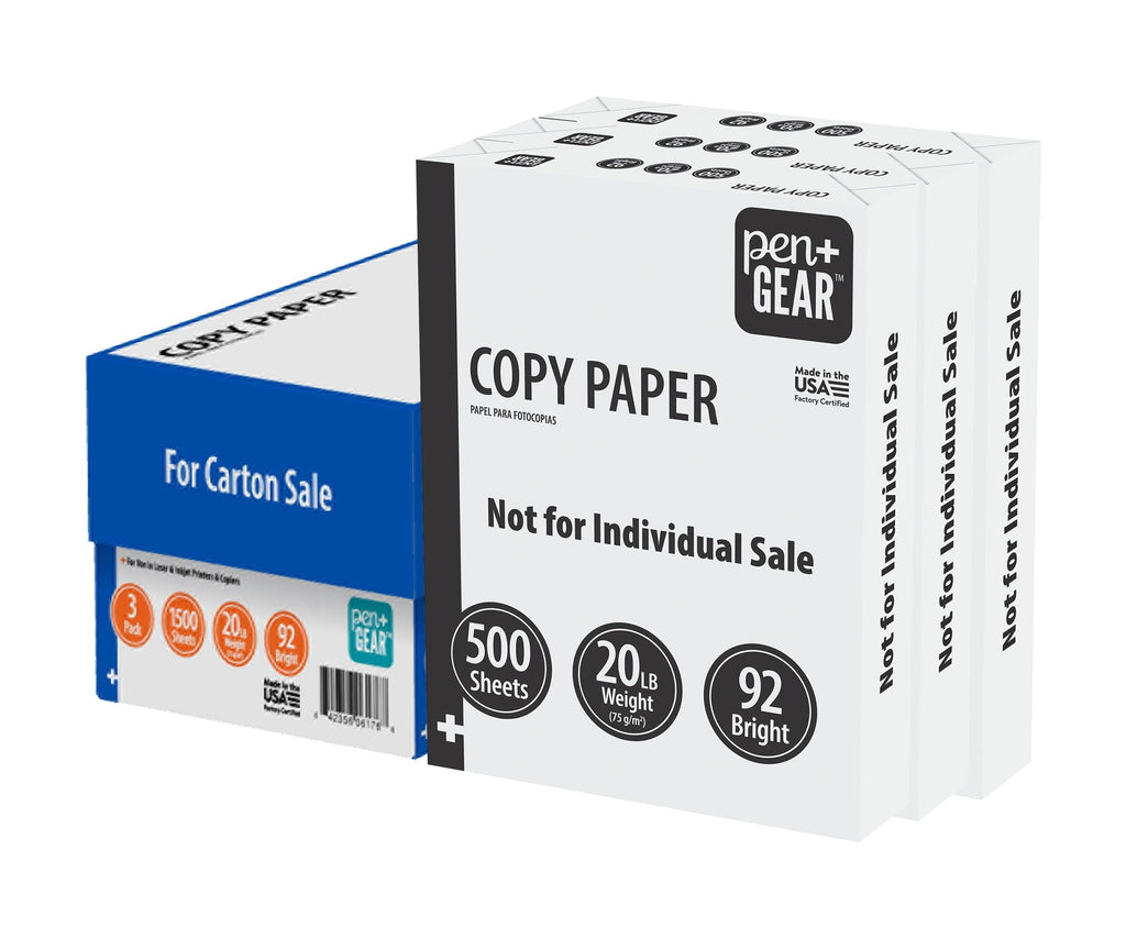 Pen+Gear Copy Paper. 8.5 x 11. 92 Bright. White. 20 lb.. 3 Ream Case (1.500 Sheets)