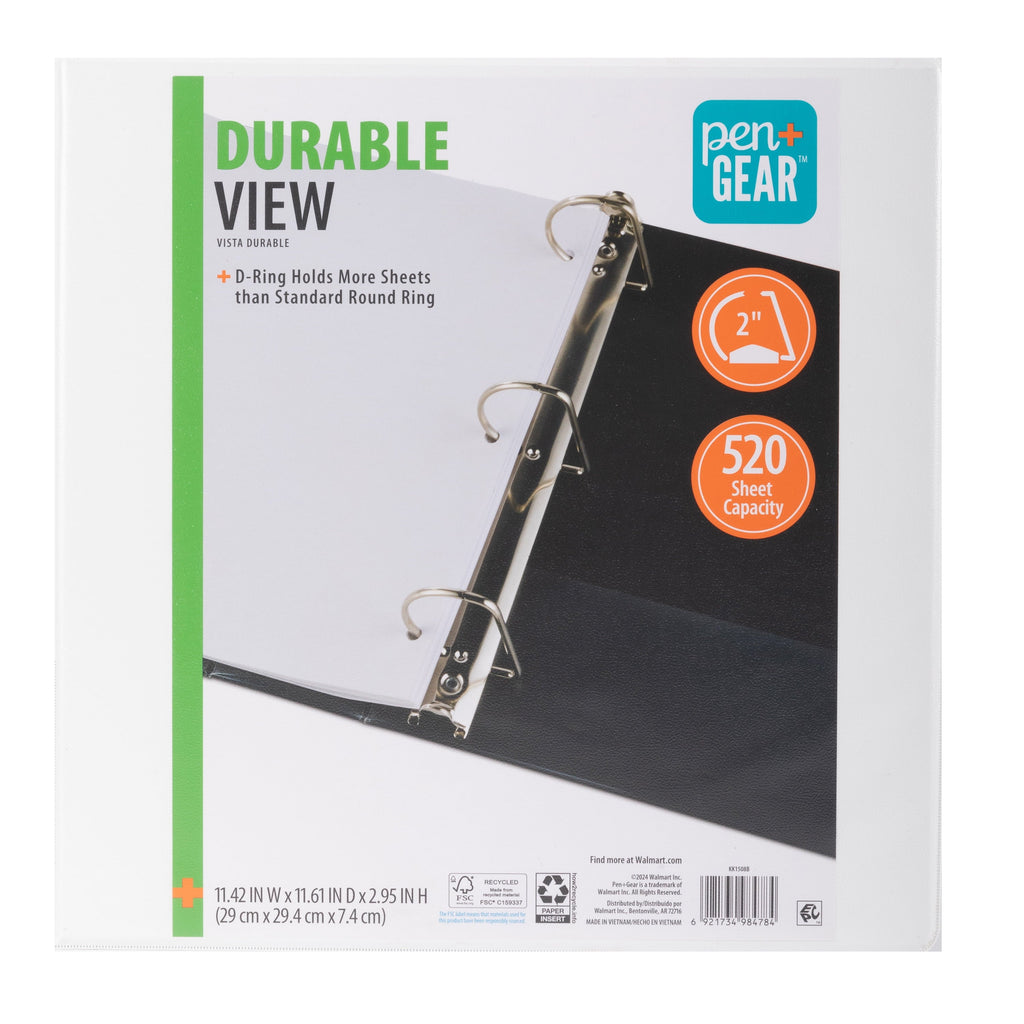 Pen+Gear Durable View Binder. 2-Inch D-Rings. White. 520-Sheet Capacity