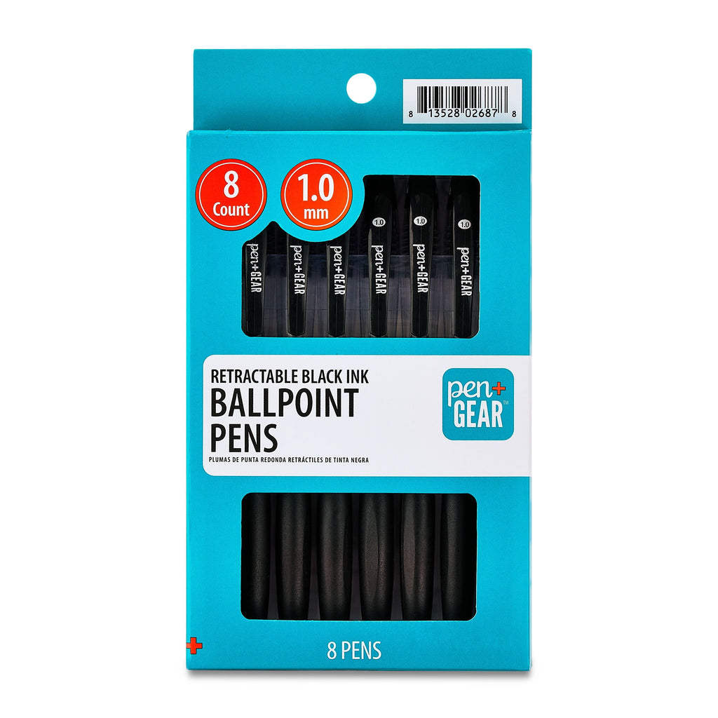 Pen+Gear Retractable Ballpoint Pens. Medium Point.1.0mm. Black Ink. 8 Count
