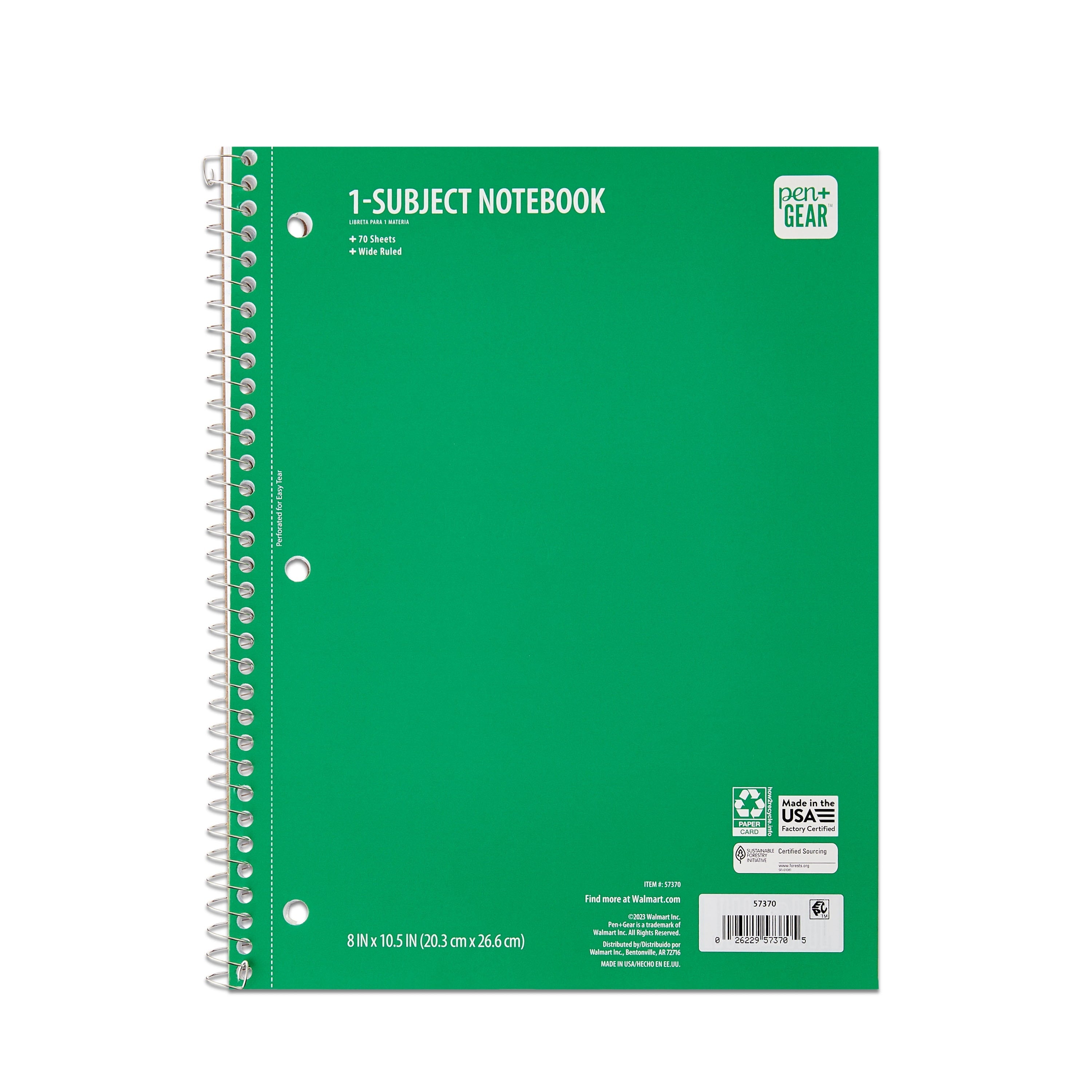 Pen+Gear Wide Ruled 1-Subject Notebook. Green. 10.5 x 8 in. 70 Pages