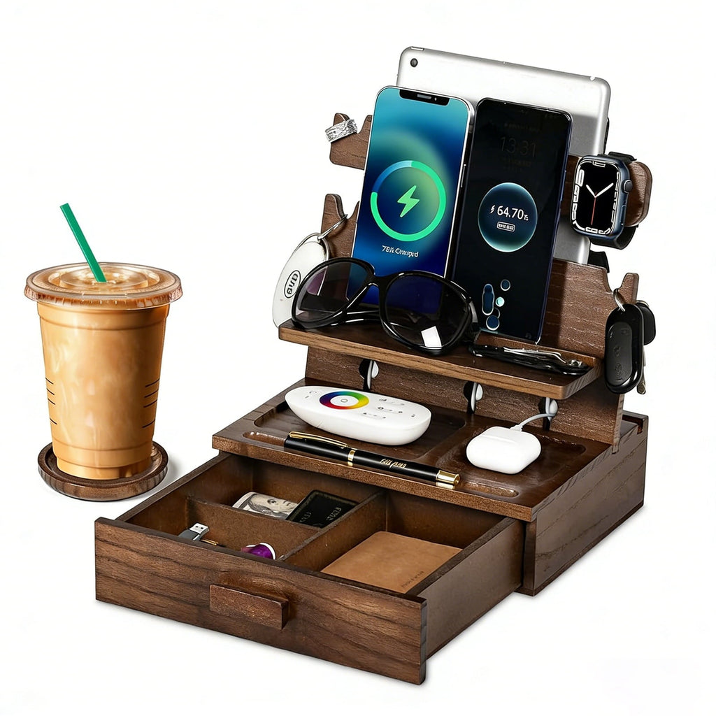 Petyoung Wood Phone Docking Station for up to 3 Phones. Nightstand Organizer with Drawer & Coaster