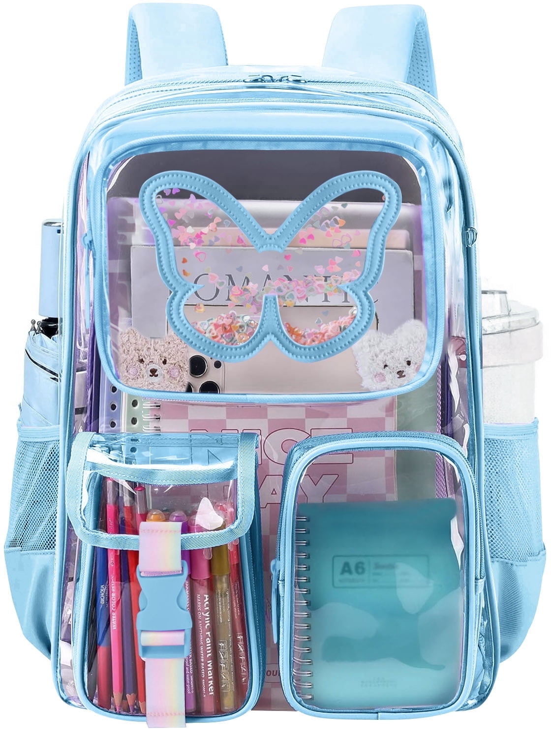 SANMADROLA Clear Backpack. Heavy-Duty Transparent Bookbag. Stadium Approved. Blue Butterfly