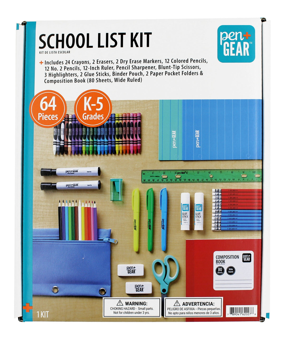 Pen+Gear School Supply Kit. 64 Pieces. Grades K-5