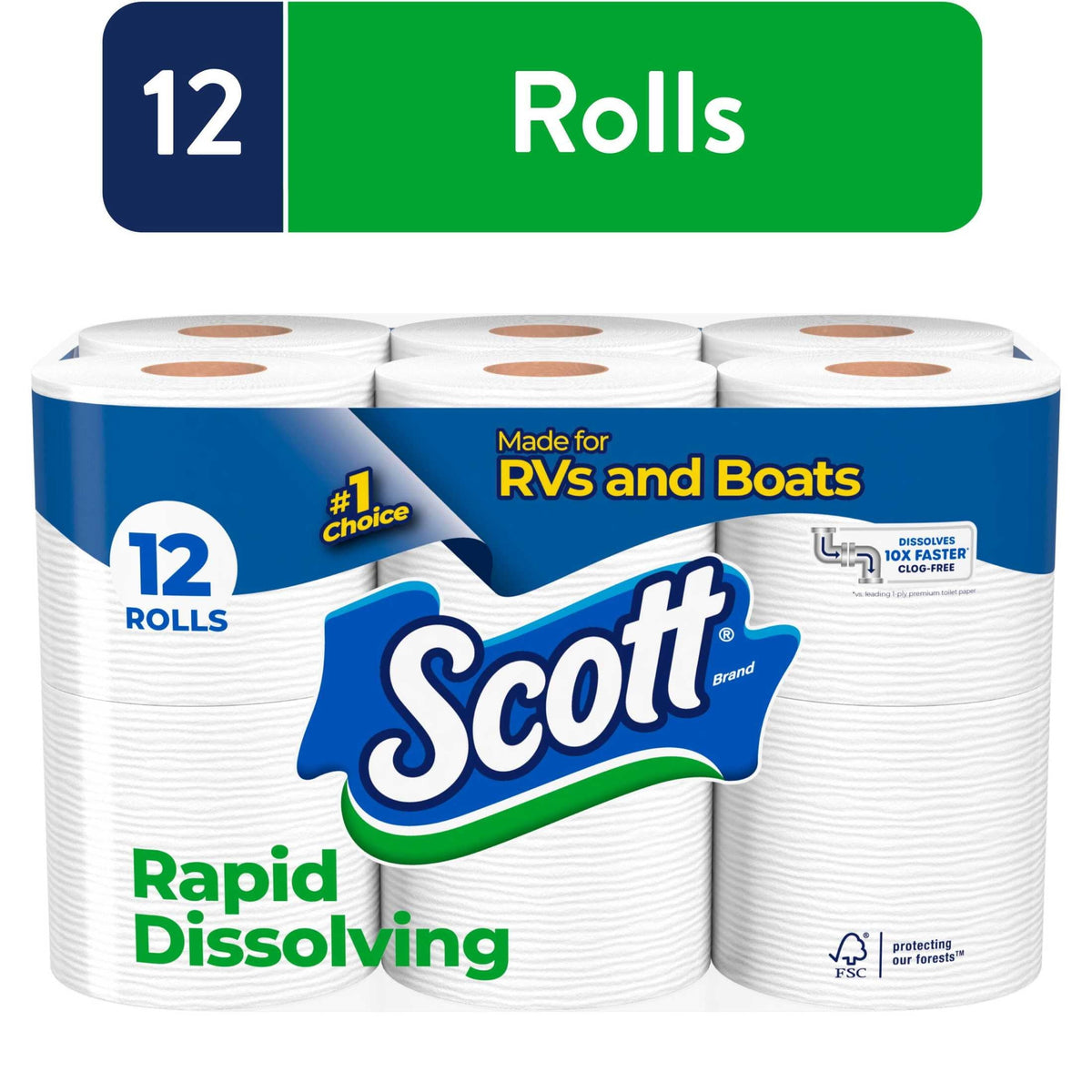 Scott Rapid-Dissolving Toilet Paper for RVs & Boats. 12 Double Rolls