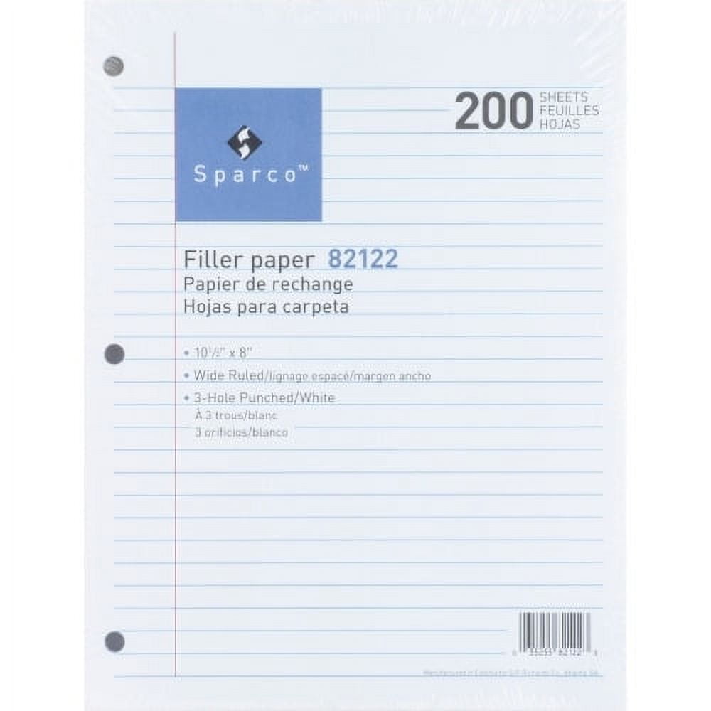 Sparco Standard White 3-Hole Filler Paper. Wide Ruled. 8 x 10.5 in. 200 Sheets