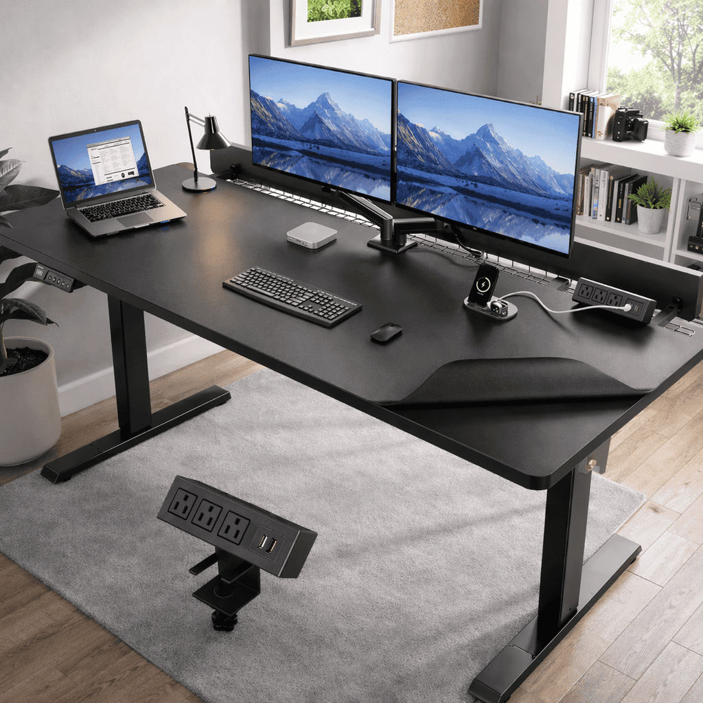 BrooveWave Electric Standing Desk Adjustable. 60''x30 Sit Stand Desk with Flip-Top Cable Management for Home Office