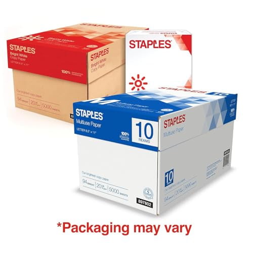 Staples Select Copy Paper. 8.5 x 11. 20 lb. 94 Bright. White. 10-Ream Case (5.000 Sheets)