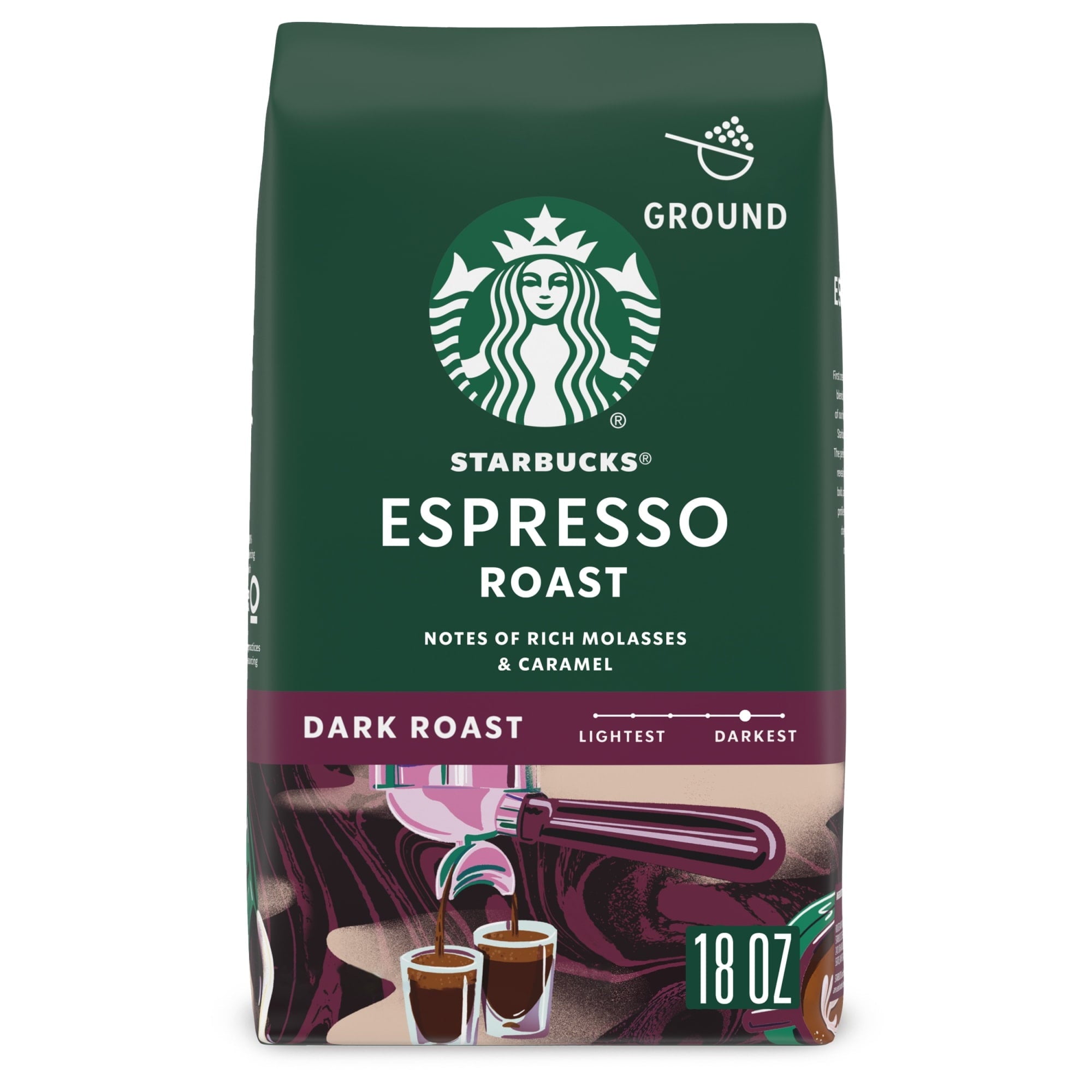 Starbucks Espresso Roast Ground Coffee. Dark Roast. Hot or Iced Coffee. 18 oz