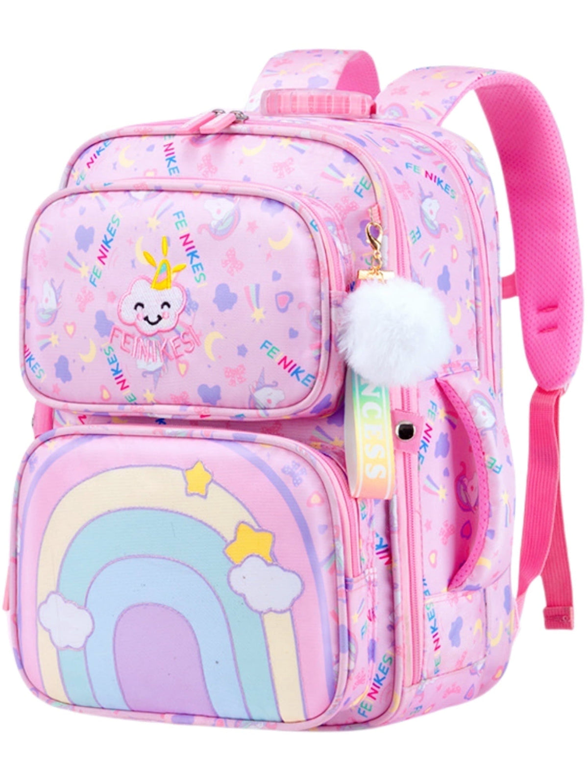 Tyethy Cute Rainbow School Backpack for Girls. Large Multi-Pocket Kids Bookbag. Pink