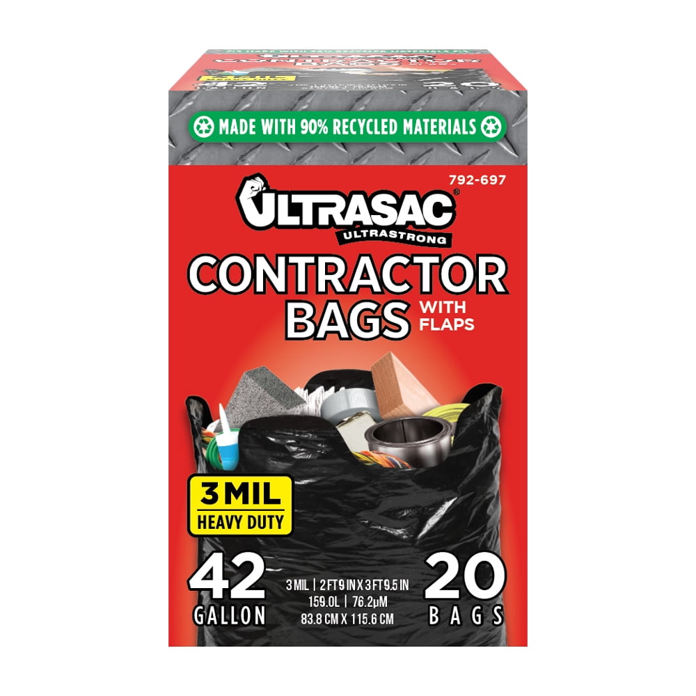 Ultrasac - Heavy Duty Extra Thick Contractor Bags. 42 Gallon. 32 x 44. 3 Mil. Black. 20 Count