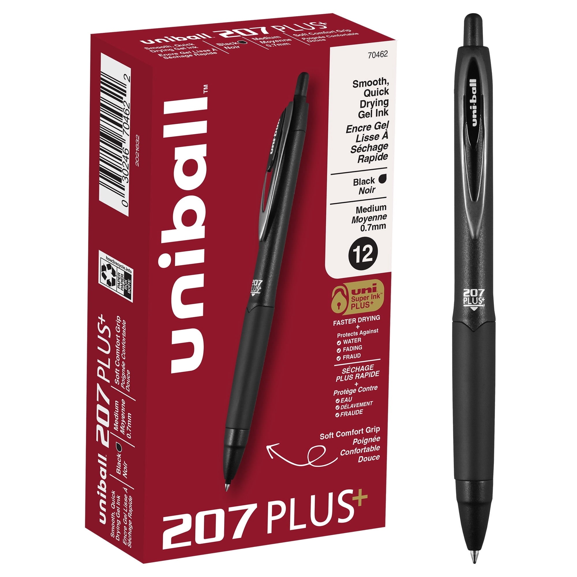 uniball 207 Plus+ Retractable Gel Pens. Medium Point (0.7mm). Black. 12 Count