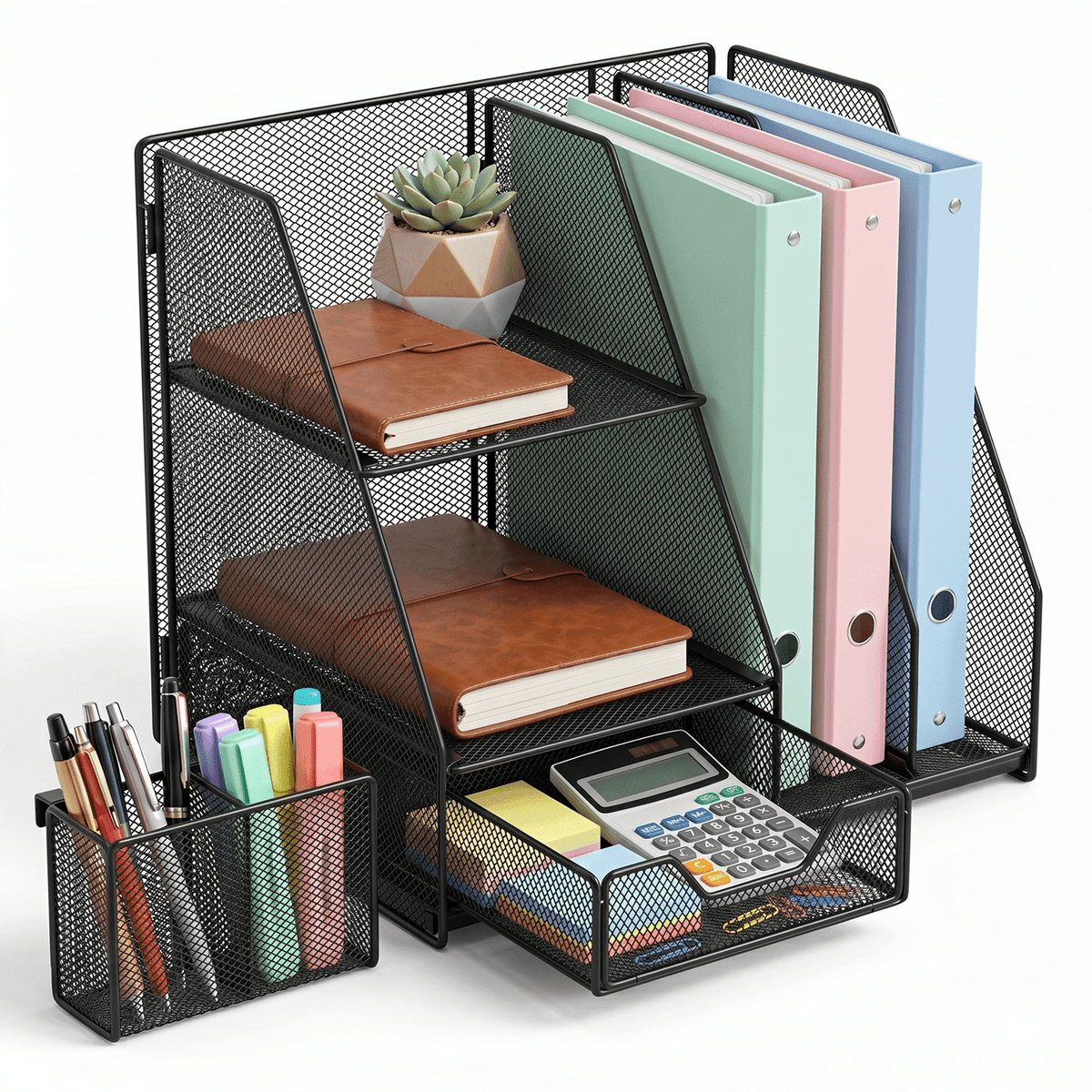 WEEUSE Mesh Desk Organizer with Drawer & 2 Pen Holders. Black