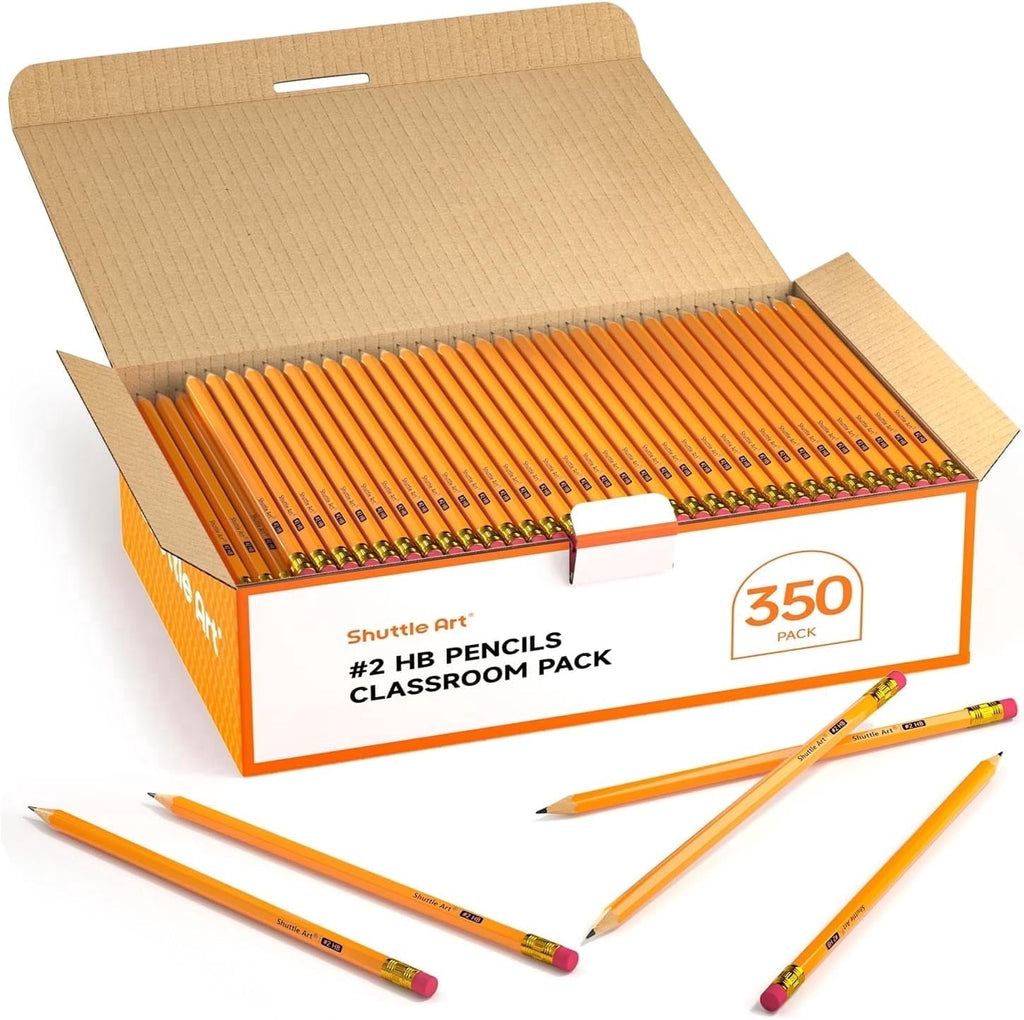 Wood-Cased #2 HB Pencils. Shuttle Art 350 Pack Sharpened Yellow Pencils with Erasers. Bulk Pack Graphite Pencils for Writing. Drawing and Sketching