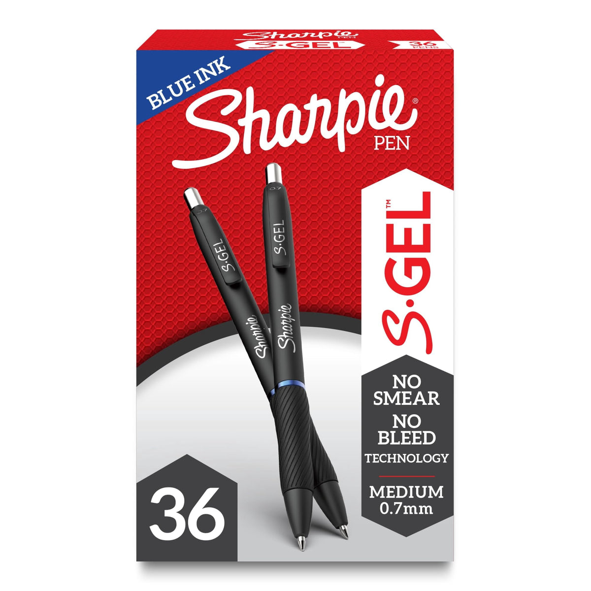 Sharpie S Gel Pens. Medium Point. 0.7 mm. Black/Blue Barrel. Blue Ink. Pack Of 36 Pens