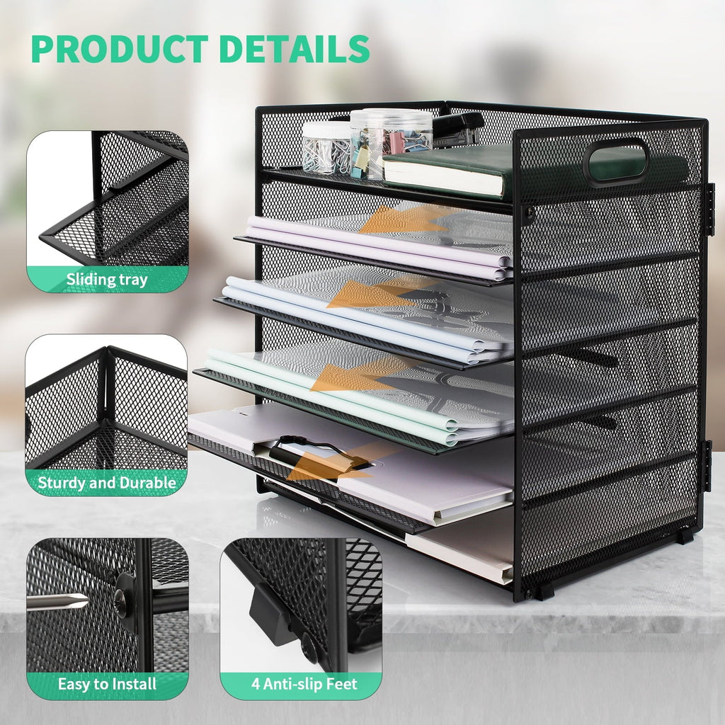 PHANCIR 6-Tier Mesh Desk Paper Organizer Tray with Handle. Black