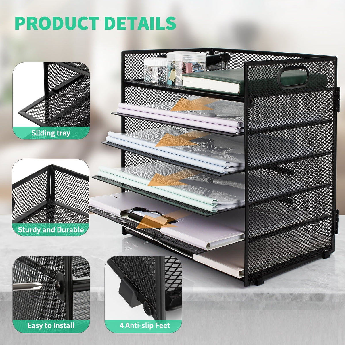 PHANCIR 6-Tier Mesh Desk Paper Organizer Tray with Handle. Black