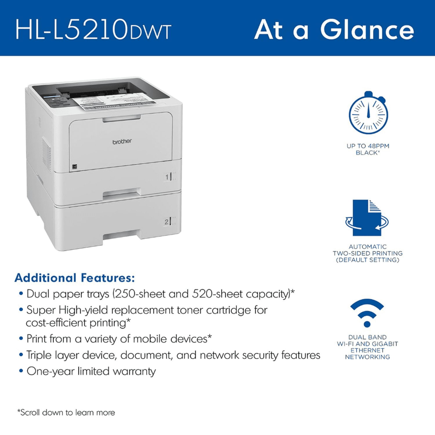Brother HL-L5210DWT Business Monochrome Laser Printer with Dual Paper Trays