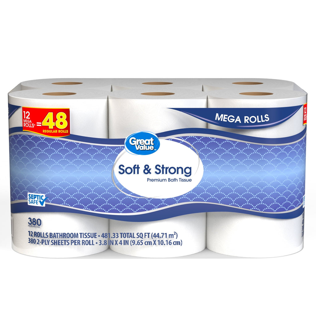 Great Value Soft & Strong Premium Toilet Paper. 12 Mega Rolls. 380 Sheets per Roll