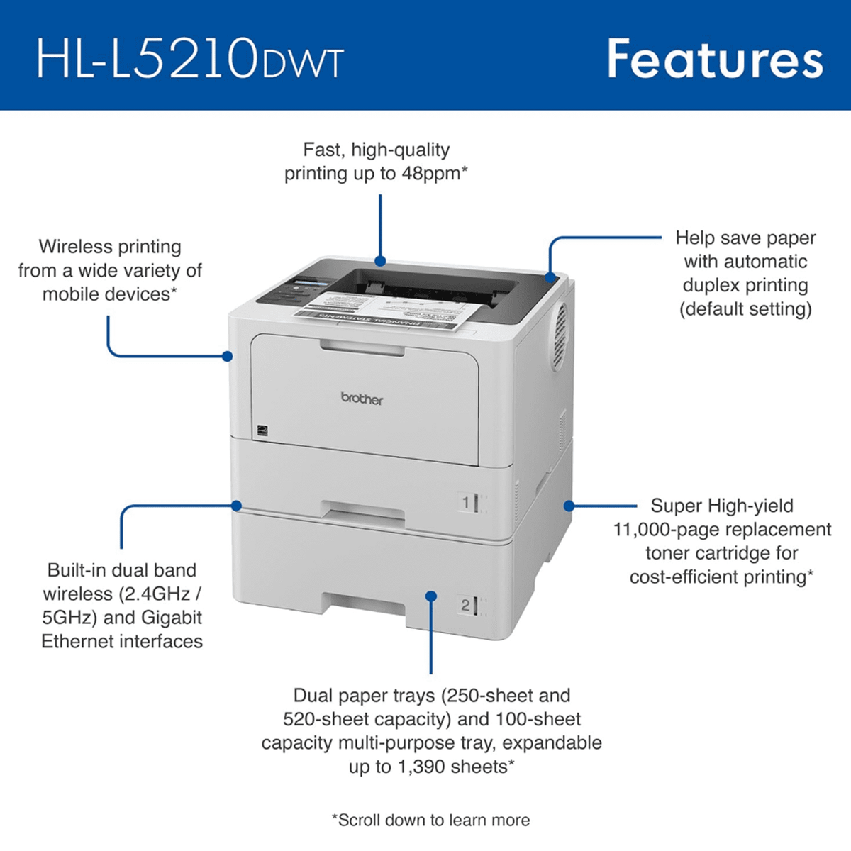 Brother HL-L5210DWT Business Monochrome Laser Printer with Dual Paper Trays