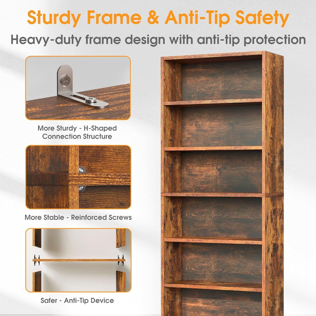 Large Bookcase. 5-Tier 63 Inch Tall Industrial Storage Wall Shelf. Display Shelf for Living room. Bedroom. Retro Brown