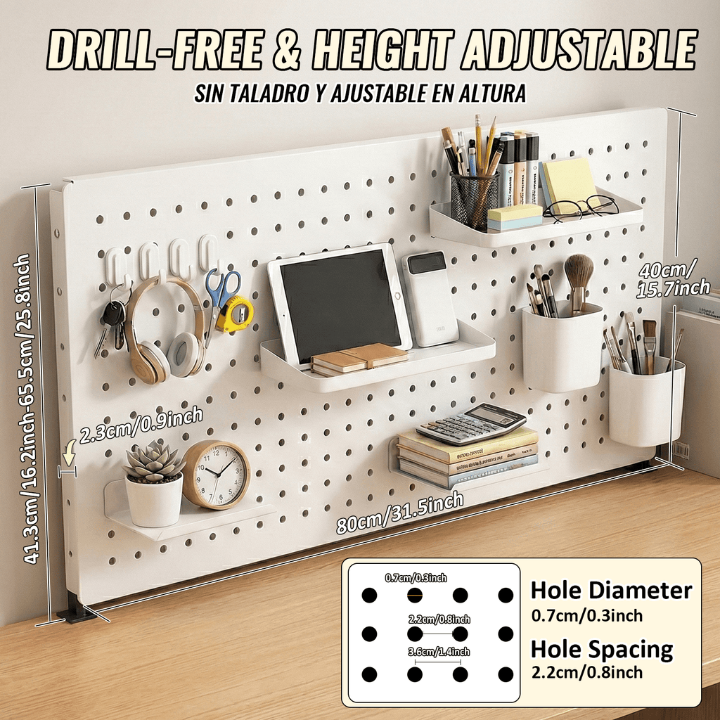 SEKAM Desk Pegboard Organizer Kit. 31.5. Clamp-On No-Drill Panel with Hooks. Shelves & Cups. White