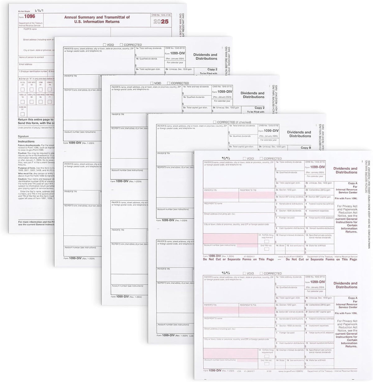 1099 DIV Tax Forms 4 Part 2025 - Kit for 25 Vendors 4-Part. Complete Laser DIV Dividends and Distribution Forms Value Pack. Compatible with QB and Accounting Software