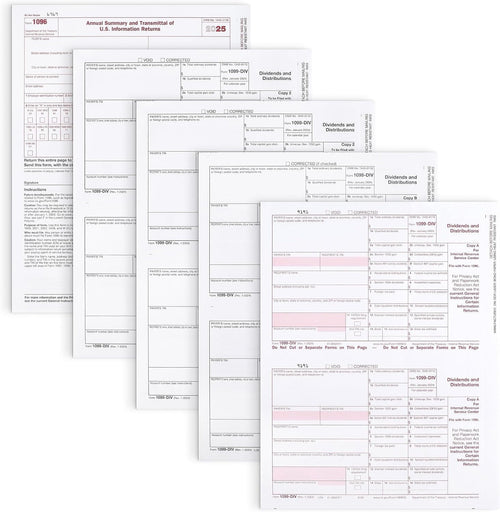 1099 DIV Tax Forms 4 Part 2025 - Kit for 25 Vendors 4-Part. Complete Laser DIV Dividends and Distribution Forms Value Pack. Compatible with QB and Accounting Software