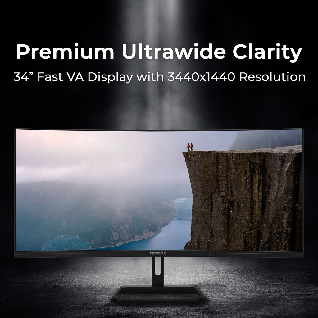 Deco Gear 34 Curved Monitor. UltraWide WQHD 3440x1440. 100Hz. 1ms. 99% sRGB. HDR. Low Blue Light. PIP/PBP. 2x HDMI. 2x DisplayPort - Business Productivity Display