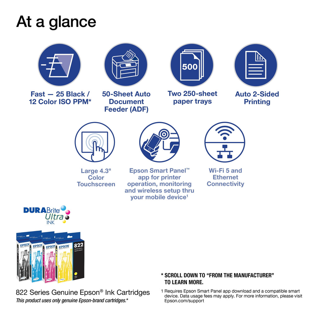 WorkForce Pro WF-4833 Wireless All-in-One Printer with Auto 2-Sided Print. 50-page ADF. 500-sheet Paper Capacity. and 4.3 Color Touchscreen