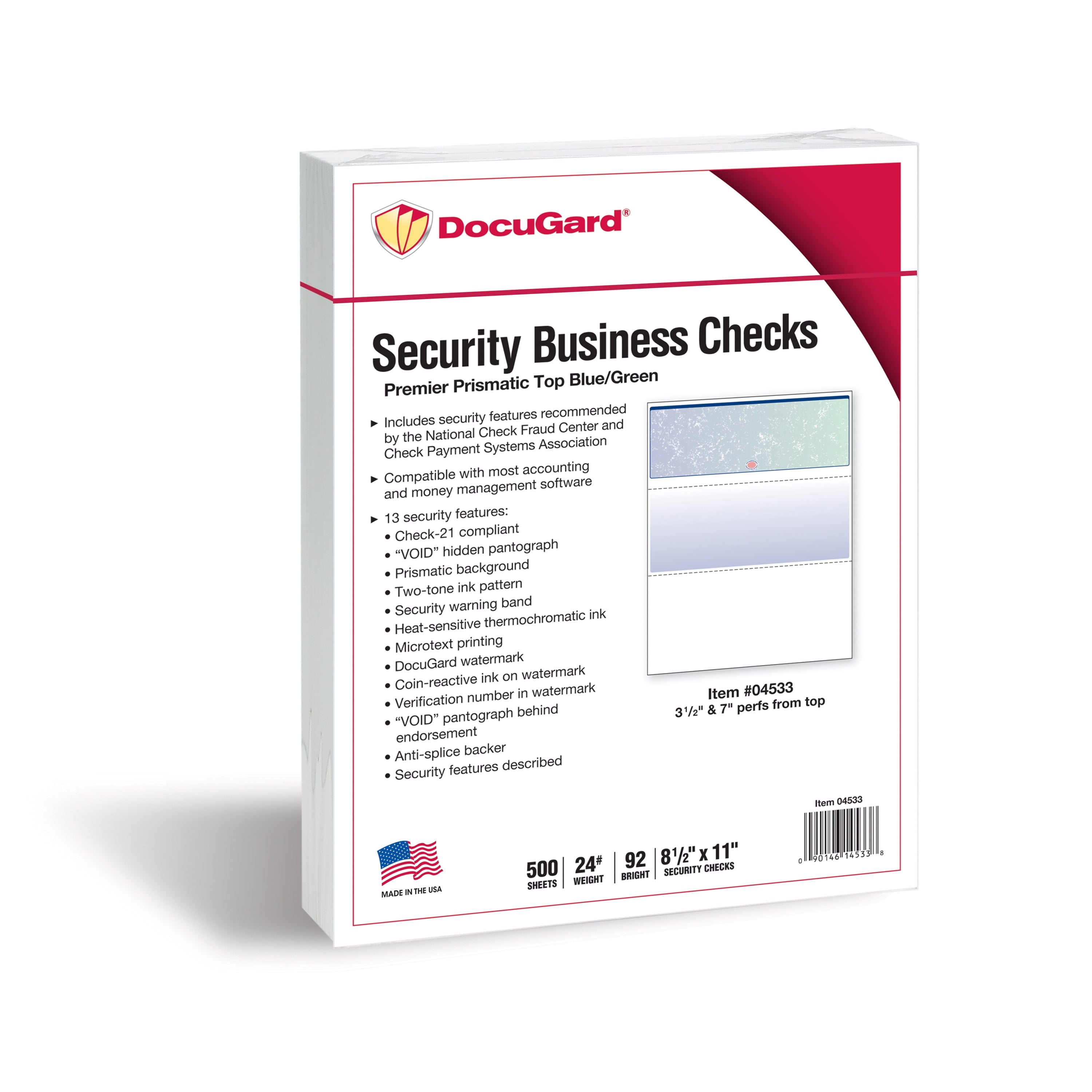 DocuGard Blue/Green Prismatic Top Check. 8.5 x 11. 24 lb. 500 Sheets