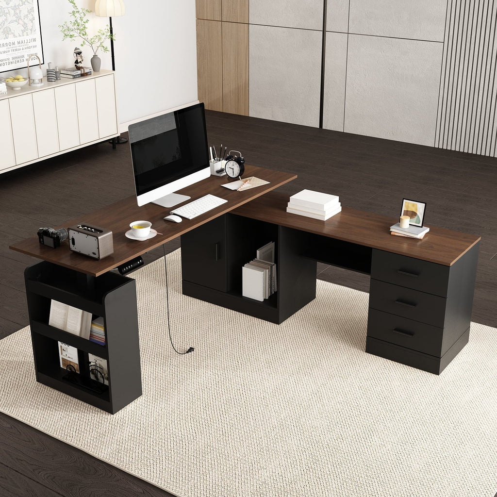 KULAGAGA Electric Standing Desk with Drawers and Shelves. Executive Adjustable Height Desk. L-Shaped Design. 63 inch Tabletop. for Office Deep Brown & Black