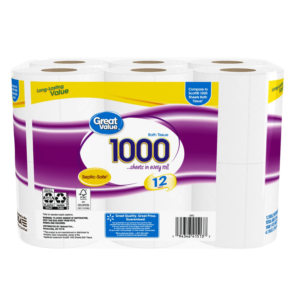 Great Value 1000 Sheets per Roll Toilet Paper. 12 Rolls