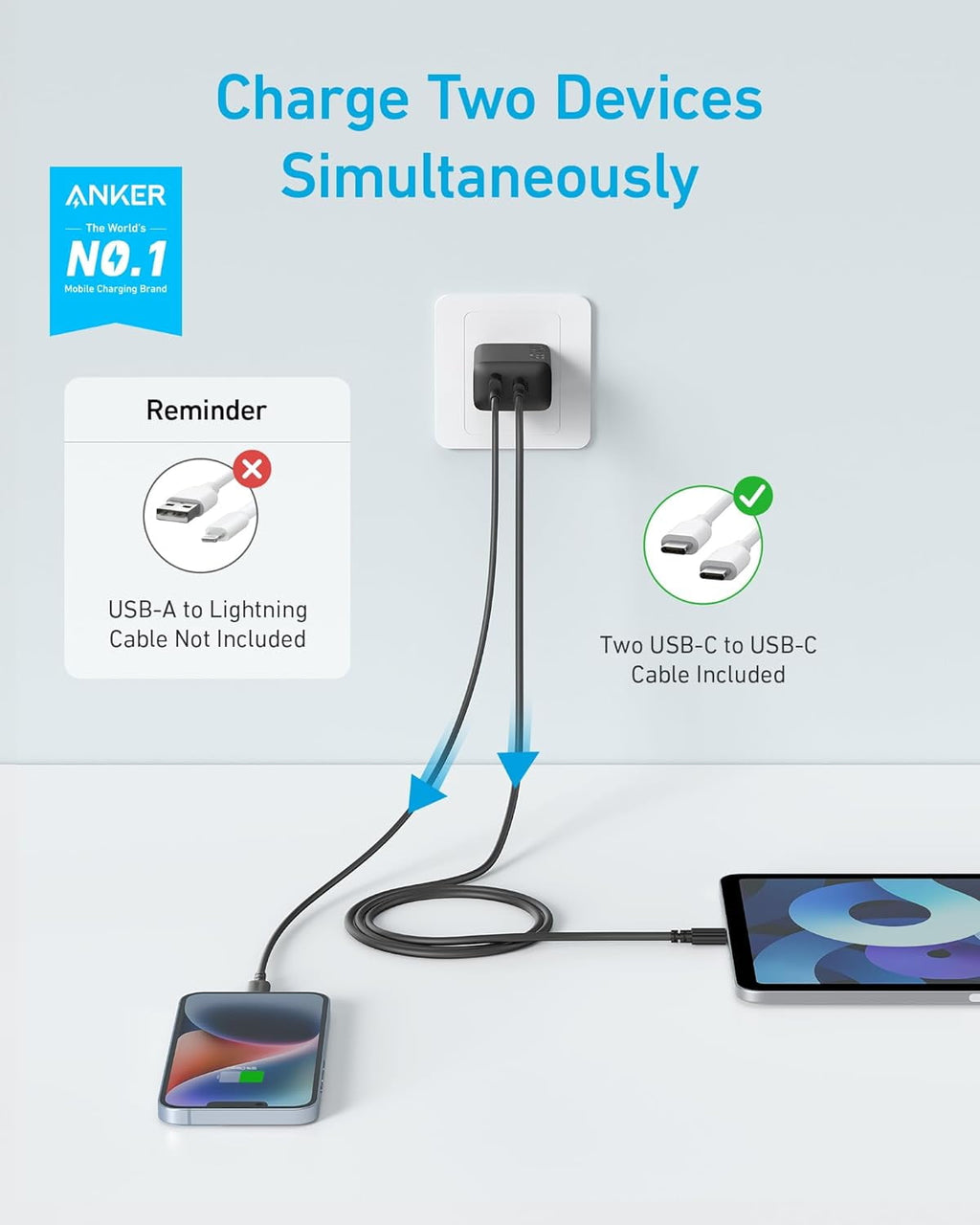 Anker 20W Dual-Port USB-C Fast Wall Charger Block. 2-Pack